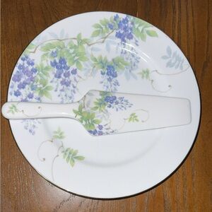 Andrea by Sadek Porcelain Floral Plate & Cake Server Set White Purple Glossy